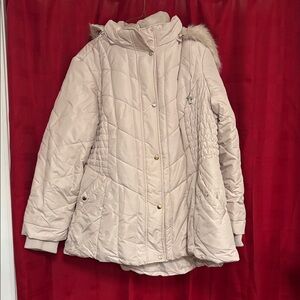 Susan Graver Beige Quilted Puffer Coat with Fur Trim